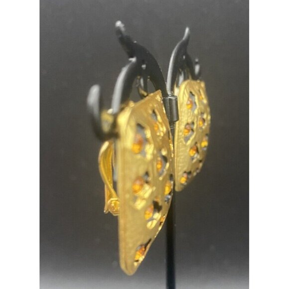 Vtg Earrings Leopard Gold Tone Brushed Finish Square With Amber Stones 1.25" - Picture 3 of 7